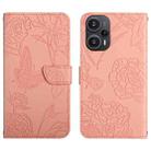 For Xiaomi Poco F5 HT03 Skin Feel Butterfly Embossed Flip Leather Phone Case(Pink) - 1