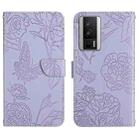 For Xiaomi Poco F5 Pro HT03 Skin Feel Butterfly Embossed Flip Leather Phone Case(Purple) - 1