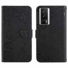 For Xiaomi Poco F5 Pro HT03 Skin Feel Butterfly Embossed Flip Leather Phone Case(Black) - 1