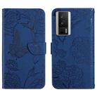 For Xiaomi Poco F5 Pro HT03 Skin Feel Butterfly Embossed Flip Leather Phone Case(Blue) - 1