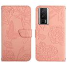 For Xiaomi Poco F5 Pro HT03 Skin Feel Butterfly Embossed Flip Leather Phone Case(Pink) - 1