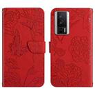 For Xiaomi Poco F5 Pro Skin Feel Butterfly Embossed Flip Leather Phone Case(Red) - 1