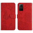For Xiaomi Redmi Note 12S HT03 Skin Feel Butterfly Embossed Flip Leather Phone Case(Red) - 1