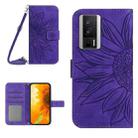 For Xiaomi Poco F5 Pro Skin Feel Sun Flower Embossed Flip Leather Phone Case with Lanyard(Dark Purple) - 1