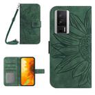 For Xiaomi Poco F5 Pro Skin Feel Sun Flower Embossed Flip Leather Phone Case with Lanyard(Green) - 1