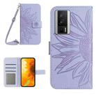 For Xiaomi Poco F5 Pro Skin Feel Sun Flower Embossed Flip Leather Phone Case with Lanyard(Purple) - 1