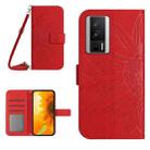 For Xiaomi Poco F5 Pro Skin Feel Sun Flower Embossed Flip Leather Phone Case with Lanyard(Red) - 1