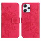 For Xiaomi Redmi 12 4G Global Skin Feel Sun Flower Embossed Flip Leather Phone Case with Lanyard(Rose Red) - 1