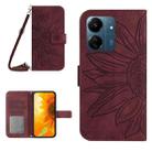 For Xiaomi Redmi 13C 4G Skin Feel Sun Flower Embossed Flip Leather Phone Case with Lanyard(Wine Red) - 1