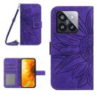 For Xiaomi 14 Skin Feel Sun Flower Embossed Flip Leather Phone Case with Lanyard(Dark Purple) - 1