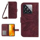 For Xiaomi 14 Skin Feel Sun Flower Embossed Flip Leather Phone Case with Lanyard(Wine Red) - 1