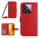 For Xiaomi 14 Pro Skin Feel Sun Flower Embossed Flip Leather Phone Case with Lanyard(Red) - 1