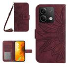 For Xiaomi Redmi Note 13 4G Global Skin Feel Sun Flower Embossed Flip Leather Phone Case with Lanyard(Wine Red) - 1