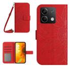 For Xiaomi Redmi Note 13 4G Global Skin Feel Sun Flower Embossed Flip Leather Phone Case with Lanyard(Red) - 1