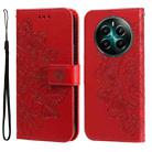 For Realme 12+ Seven-petal Flowers Embossing Leather Phone Case(Red) - 1