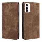 For OPPO Reno12 5G Global RFID Anti-theft Brush Magnetic Leather Phone Case(Brown) - 1