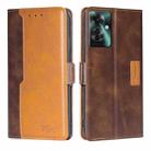 For OPPO Reno11 F 5G Contrast Color Side Buckle Leather Phone Case(Dark Brown + Gold) - 1