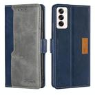 For OPPO Reno12 5G Global Contrast Color Side Buckle Leather Phone Case(Blue + Grey) - 1