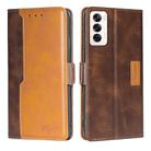 For OPPO Reno12 5G Global Contrast Color Side Buckle Leather Phone Case(Dark Brown + Gold) - 1