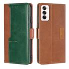 For OPPO Reno12 5G Global Contrast Color Side Buckle Leather Phone Case(Light Brown + Green) - 1