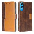 For OnePlus Nord CE 4 Lite 5G Contrast Color Side Buckle Leather Phone Case(Dark Brown + Gold) - 1