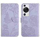 For Huawei P60 Pro HT03 Skin Feel Butterfly Embossed Flip Leather Phone Case(Purple) - 1