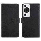 For Huawei P60 Pro HT03 Skin Feel Butterfly Embossed Flip Leather Phone Case(Black) - 1