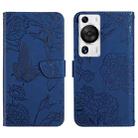 For Huawei P60 Pro HT03 Skin Feel Butterfly Embossed Flip Leather Phone Case(Blue) - 1