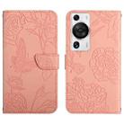 For Huawei P60 Pro HT03 Skin Feel Butterfly Embossed Flip Leather Phone Case(Pink) - 1