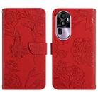 For OPPO Reno10 Pro HT03 Skin Feel Butterfly Embossed Flip Leather Phone Case(Red) - 1