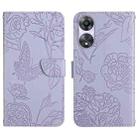 For OPPO A58 4G HT03 Skin Feel Butterfly Embossed Flip Leather Phone Case(Purple) - 1