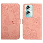 For OPPO A59 5G HT03 Skin Feel Butterfly Embossed Flip Leather Phone Case(Pink) - 1