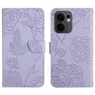 For OPPO Reno13 F HT03 Skin Feel Butterfly Embossed Flip Leather Phone Case(Purple) - 1