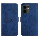 For OPPO Reno13 F HT03 Skin Feel Butterfly Embossed Flip Leather Phone Case(Blue) - 1