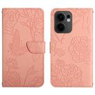 For OPPO Reno13 F HT03 Skin Feel Butterfly Embossed Flip Leather Phone Case(Pink) - 1