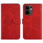 For OPPO Reno13 F HT03 Skin Feel Butterfly Embossed Flip Leather Phone Case(Red) - 1