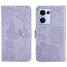For OPPO Reno13 HT03 Skin Feel Butterfly Embossed Flip Leather Phone Case(Purple) - 1