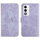 For OPPO A5 5G Global HT03 Skin Feel Butterfly Embossed Flip Leather Phone Case(Purple) - 1