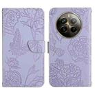 For Realme 12+ Global HT03 Skin Feel Butterfly Embossed Flip Leather Phone Case(Purple) - 1