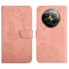 For Realme 12 Pro/12 Pro+ Global HT03 Skin Feel Butterfly Embossed Flip Leather Phone Case(Pink) - 1