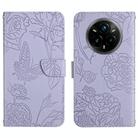 For Realme 14 Pro+ 5G HT03 Skin Feel Butterfly Embossed Flip Leather Phone Case(Purple) - 1