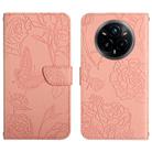 For Realme 14 Pro+ 5G HT03 Skin Feel Butterfly Embossed Flip Leather Phone Case(Pink) - 1