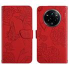 For Realme 14 Pro+ 5G HT03 Skin Feel Butterfly Embossed Flip Leather Phone Case(Red) - 1