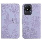 For vivo Y02A 4G / Y02 4G / Y11 2023 HT03 Skin Feel Butterfly Embossed Flip Leather Phone Case(Purple) - 1