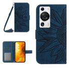 For Huawei P60 Pro Skin Feel Sun Flower Embossed Flip Leather Phone Case with Lanyard(Inky Blue) - 1