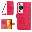 For Huawei P60 Pro Skin Feel Sun Flower Embossed Flip Leather Phone Case with Lanyard(Rose Red) - 1