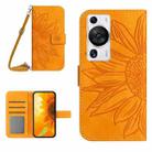 For Huawei P60 Pro Skin Feel Sun Flower Embossed Flip Leather Phone Case with Lanyard(Yellow) - 1
