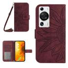 For Huawei P60 Pro Skin Feel Sun Flower Embossed Flip Leather Phone Case with Lanyard(Wine Red) - 1
