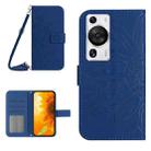 For Huawei P60 Pro Skin Feel Sun Flower Embossed Flip Leather Phone Case with Lanyard(Dark Blue) - 1