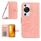 For Huawei P60 Pro Skin Feel Sun Flower Embossed Flip Leather Phone Case with Lanyard(Pink) - 1